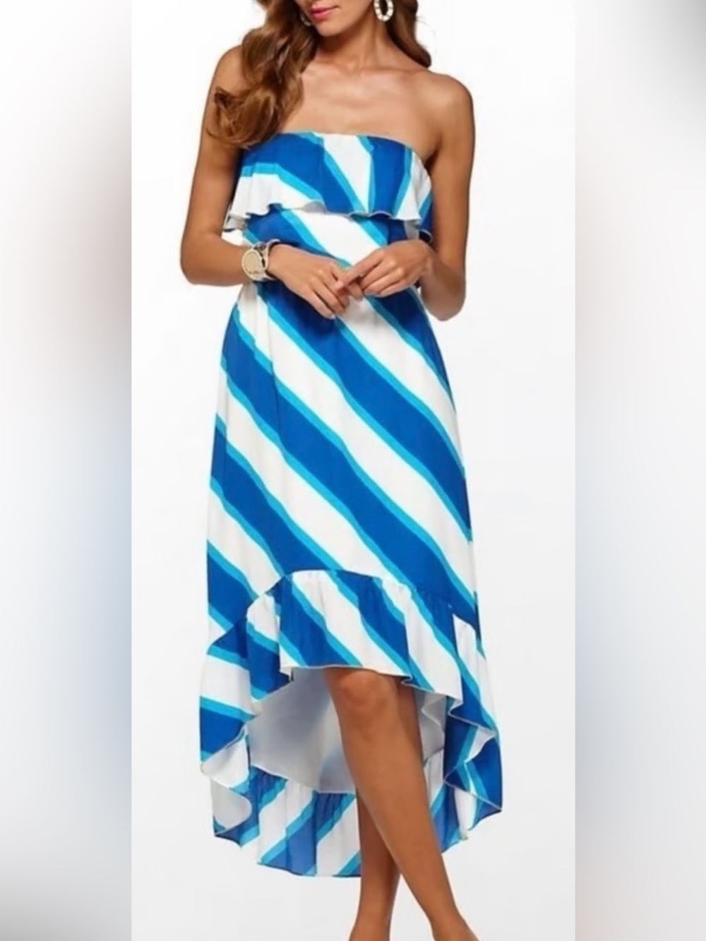 Lilly Pulitzer Blue and White Strapless High-Low Sundress
